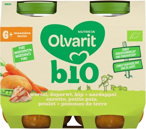 Olvarit Bio Wortel + Erwtjes + Kip + Aardappel 6+ Maanden 2x200 g