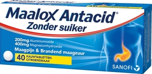 Maalox Antacid 200mg/400mg 40 Kauwtabletten Zonder Suiker (Citroen)