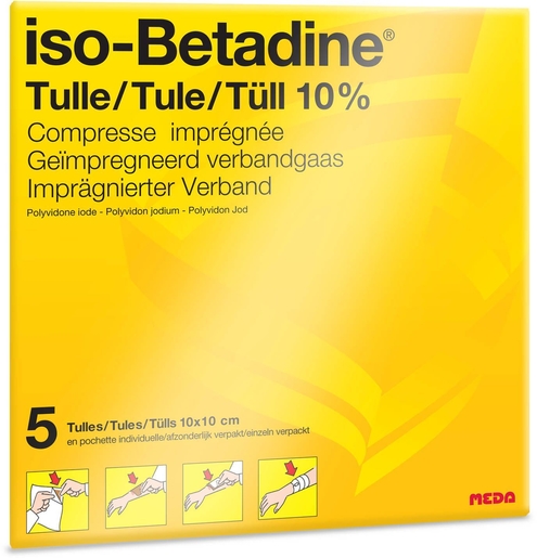 iso-Betadine Tulle 10% 5 Compresses Imprégnées 10 x 10cm | Désinfectants - Anti infectieux