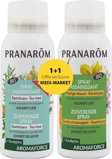 Pranarom aromaforce Zuiverende Spray Duopack Ravintsara en Zoete Sinaasappel 2 x 75 ml | Zuiverend