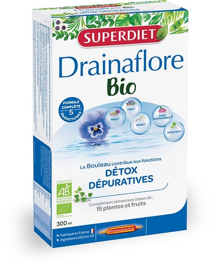 SuperDiet Drainaflore Bio 20 Ampoules x 15ml | Dépuratif - Détoxifiant