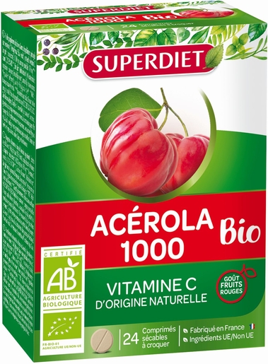 SuperDiet Acerola 1000 Bio 24 Comprimés à Croquer | Forme - Tonus