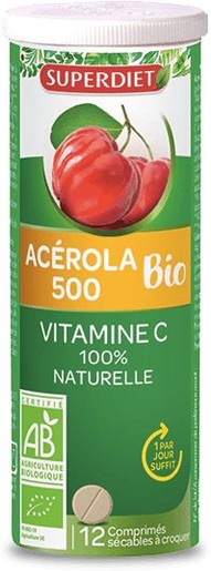 SuperDiet Acerola 500 Bio 12 Comprimés à Croquer | Forme - Tonus
