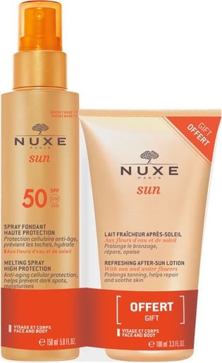 Nuxe Sun Duo Spray Fondant Ip50 150ml + Nuxe Lait Fraicheur Après-Soleil 100ml Offert | Après-soleil