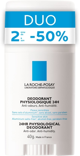La Roche-Posay Déodorant Physiologique 24h Stick 2x40g (2ème à - 50%) | Déodorants anti-transpirant