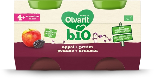 Olvarit Bio Appel + Gedroogde Pruim 4+ Maanden 2x125 g | Voeding