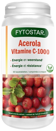 Fytostar Vitamine C-1000 Acérola 60 Kauwtabletten | Natuurlijk afweersysteem - Immuniteit