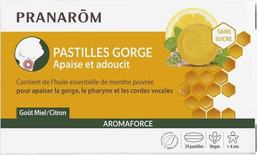 Pranarôm Aromaforce Pastille Gorge Miel-Citron 24 Pastilles | Mal de gorge - Toux