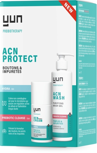YUN ACN Protect Cream Hydra 50 ml + Prebiotic Cleanse Purifying Wash Gel 150 ml | Acné - Onzuiverheden