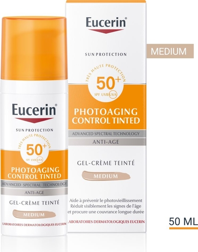 Eucerin Sun Photoaging Control Tinted SPF 50+ Gel-Crème Teinté Medium Anti-Age avec pompe 50ml | Crèmes solaires
