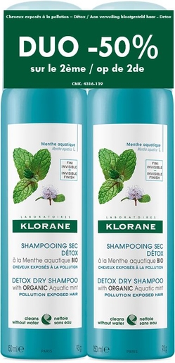Klorane Shampooing Sec Détox à la Menthe Aquatique Bio 2x150ml | Soins des cheveux