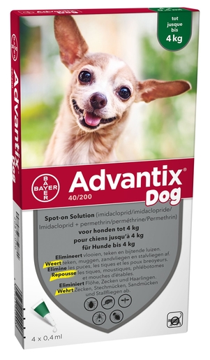 Advantix 40/ 200 Honden &lt; 4kg Fl 4x0,4 ml | Geneesmiddelen voor honden