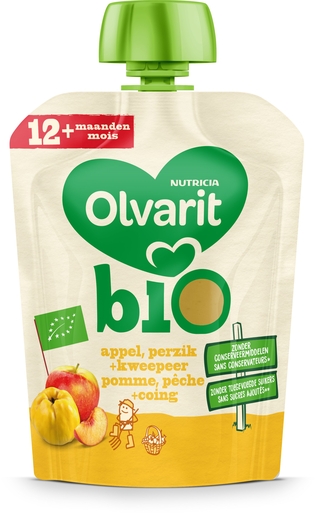 Olvarit Bio Appel + Perzik + Kweepeer 12+ Maanden 90 g | Voeding