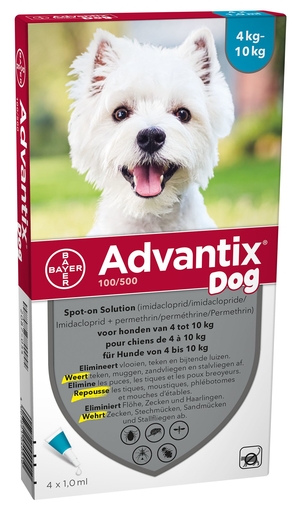 Advantix 100/ 500 Chiens 4&lt;10kg Fl 4x1,0ml | Médicaments pour chien