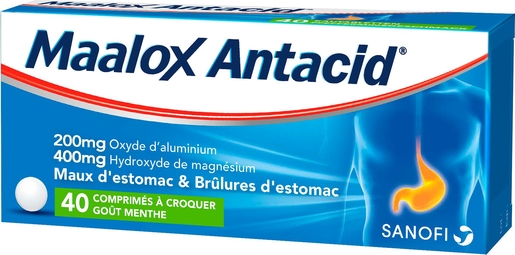 Maalox Antacid 200mg/400mg 40 Comprimés à Croquer (Menthe) | Acidité gastrique