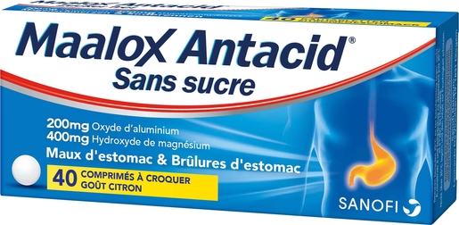 Maalox Antacid 200mg/400mg 40 Comprimés à Croquer Sans Sucre (Citron) | Acidité gastrique