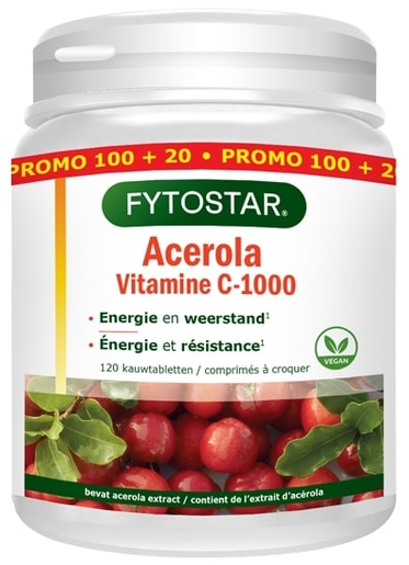 Fytostar Vitamine C-1000 Acerola 100 Kauwtabletten (+ 20 Gratis Tabletten) | Natuurlijk afweersysteem - Immuniteit