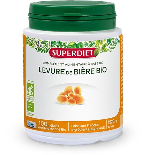 SuperDiet Levure De Bière Bio 100 Gélules | Vitamines - Chute de cheveux - Ongles cassants
