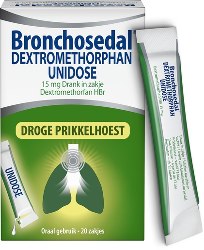 Bronchosedal Dextromethorphan 15mg Unidose 20 Zakjes | Droge hoest