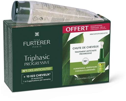 René Furterer Triphasic Behandeling Progressieve Haaruitval 8 x 5,5 ml + Shampoo 100 ml Gratis | Uitval