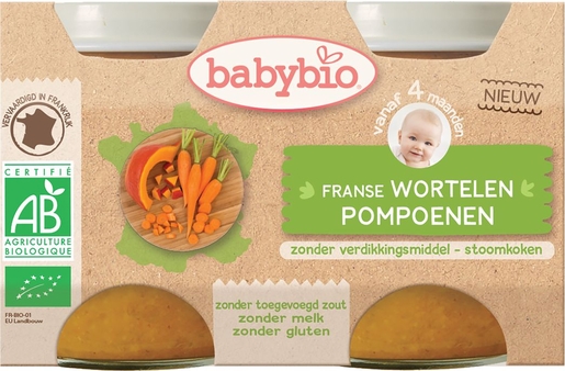 Babybio Potjes Wortel Pompoen +4 Maanden 2x130 g | Voeding