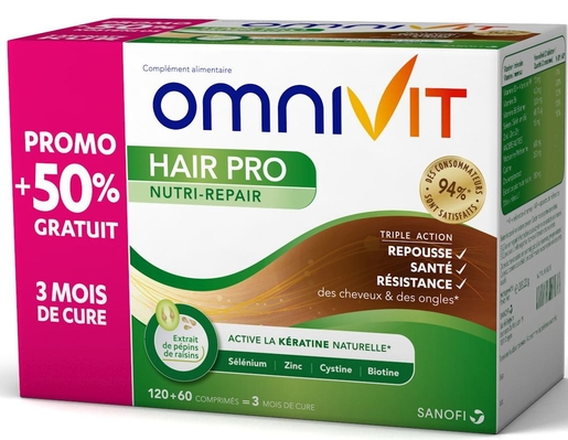 Omnivit Hair Pro Nutri-Repair 180 Comprimés (+50% gratuit) | Vitamines - Chute de cheveux - Ongles cassants