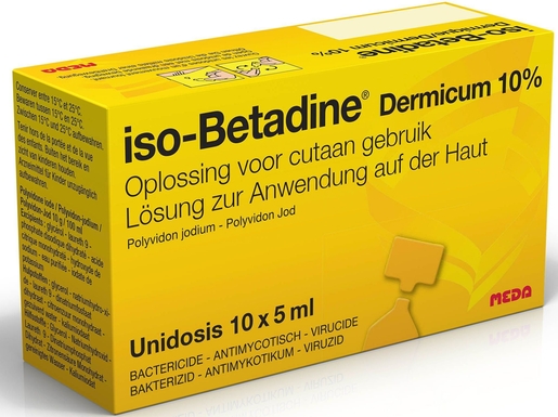 iso-Betadine Dermicum 10% Oplossing voor Cutaan Gebruik Unidosis 10 x 5ml | Ontsmettingsmiddelen - Infectiewerende middelen
