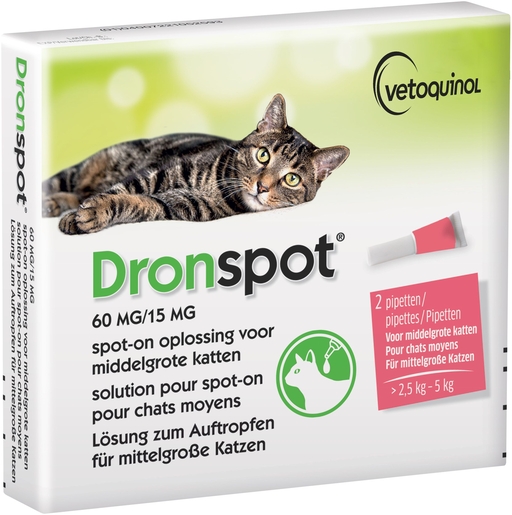 Dronspot 60 mg/15 mg Spot-on Kat Gemiddeld&gt;2,5-5 kg Pip2 | Geneesmiddelen voor katten