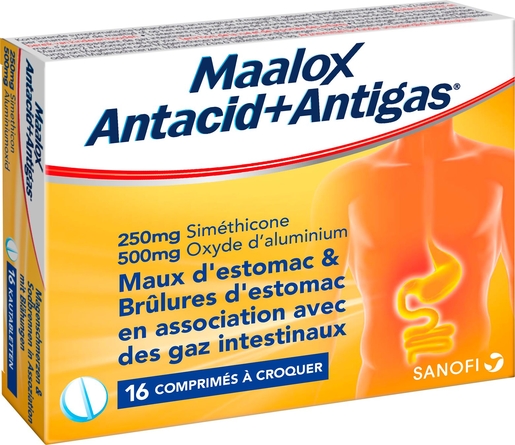 Maalox Antacid+Antigas 250mg/500mg 16 Comprimés à Croquer | Acidité gastrique