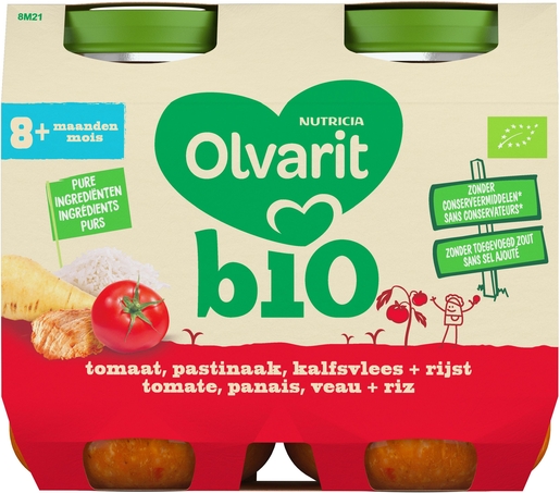 Olvarit Bio Tomaat + Pastinaak + Kalfsvlees + Rijst 8+ Maanden 2x200 g | Voeding