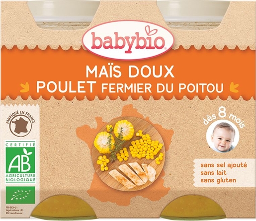 Babybio Petits Pots Maïs Doux Poulet +8Mois 2x200g | Alimentation