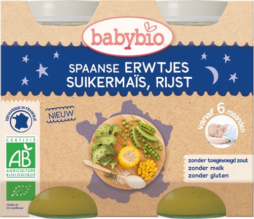Babybio Potjes Avondmaal Erwten Zoete Maïs Rijst +6 Maanden 2x200 g | Voeding