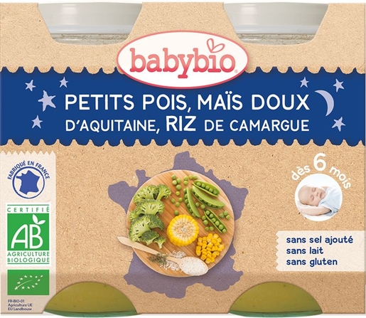 Babybio Petits Pots Soir Petits Pois Maïs Doux Riz +6Mois 2x200g | Alimentation