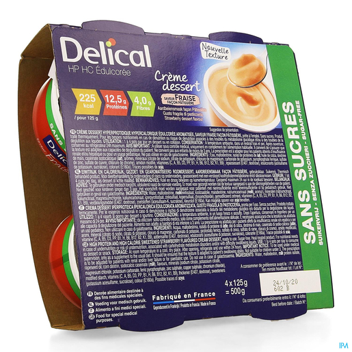 Delical Dessertpudding Hp-hc Zonder Suiker Aardbei 4 x 124 g | Orale voeding