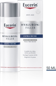 Eucerin Hyaluron-Filler Extra Riche Soin de Nuit Crème Anti-Rides &amp; Anti-Âge Peau Très Sèche avec pompe 50ml